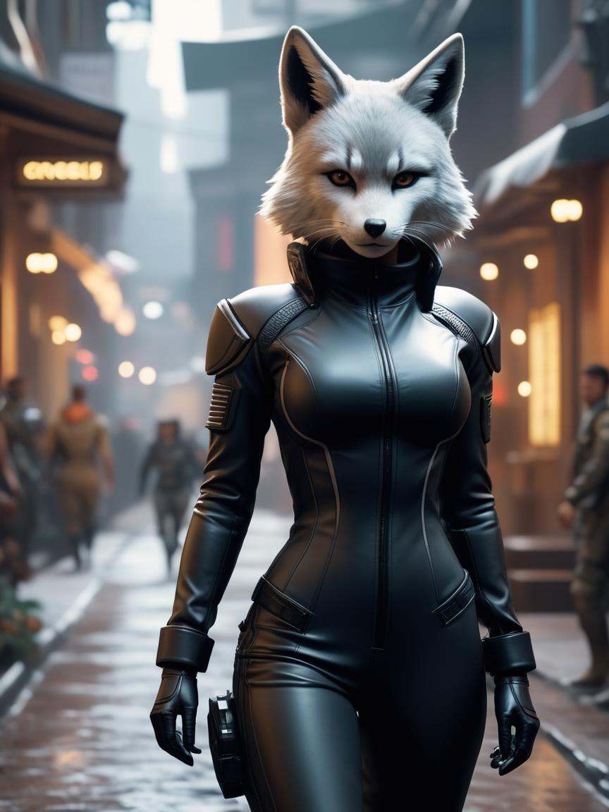 cinematic film still there is a woman in a cat suit walking down a street,  loba andrade from apex legends,  cgsociety unr...