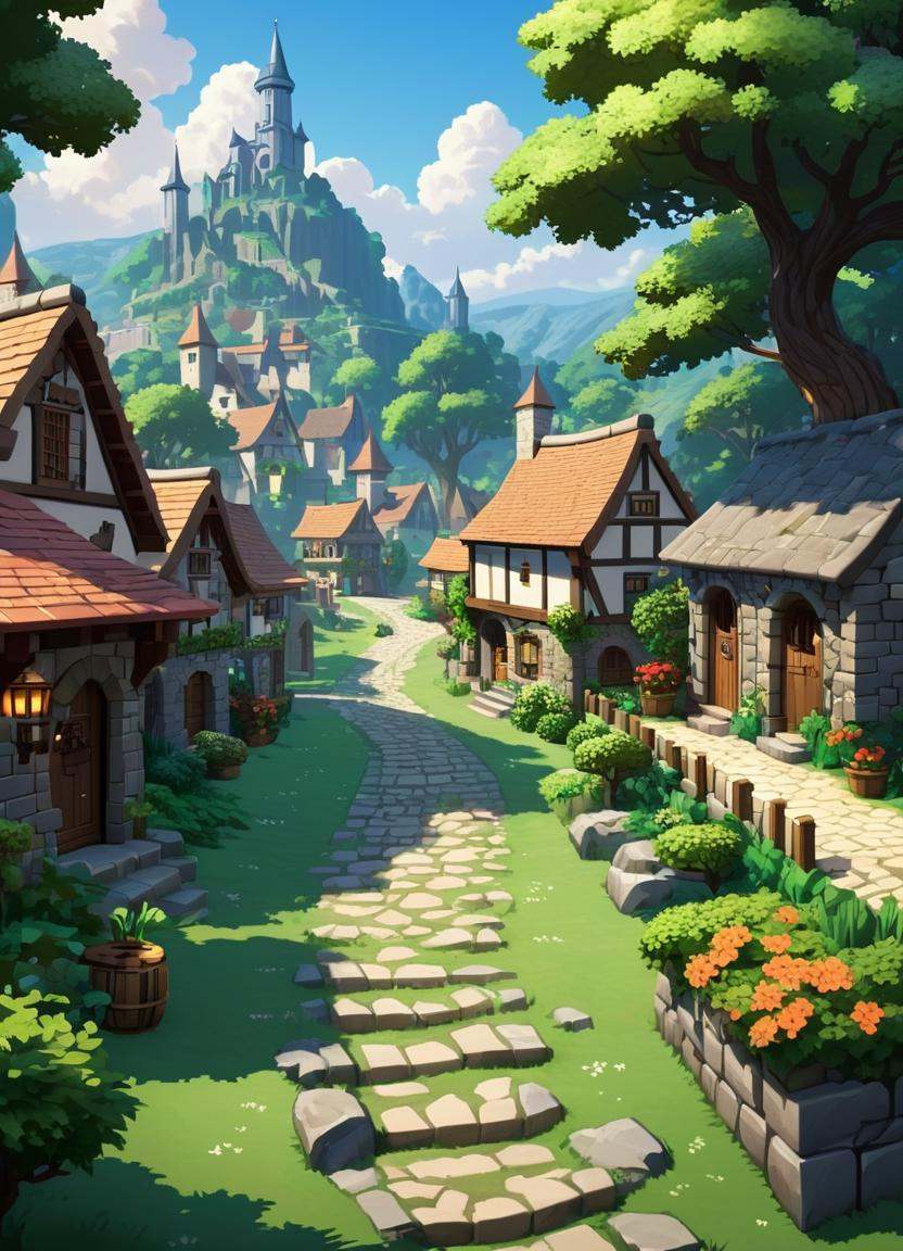 pixel-art there is a cartoon picture of a village with a stone path,  villages ,  unreal engine on Tensor.Art