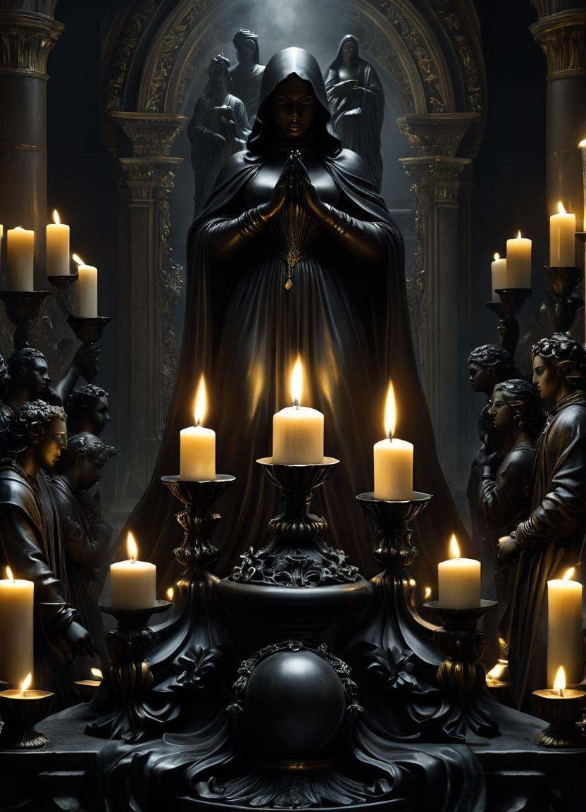 Surrealist art there is a statue of a group of people surrounded by candles,  baroque dark art,  highly detailed dark art...