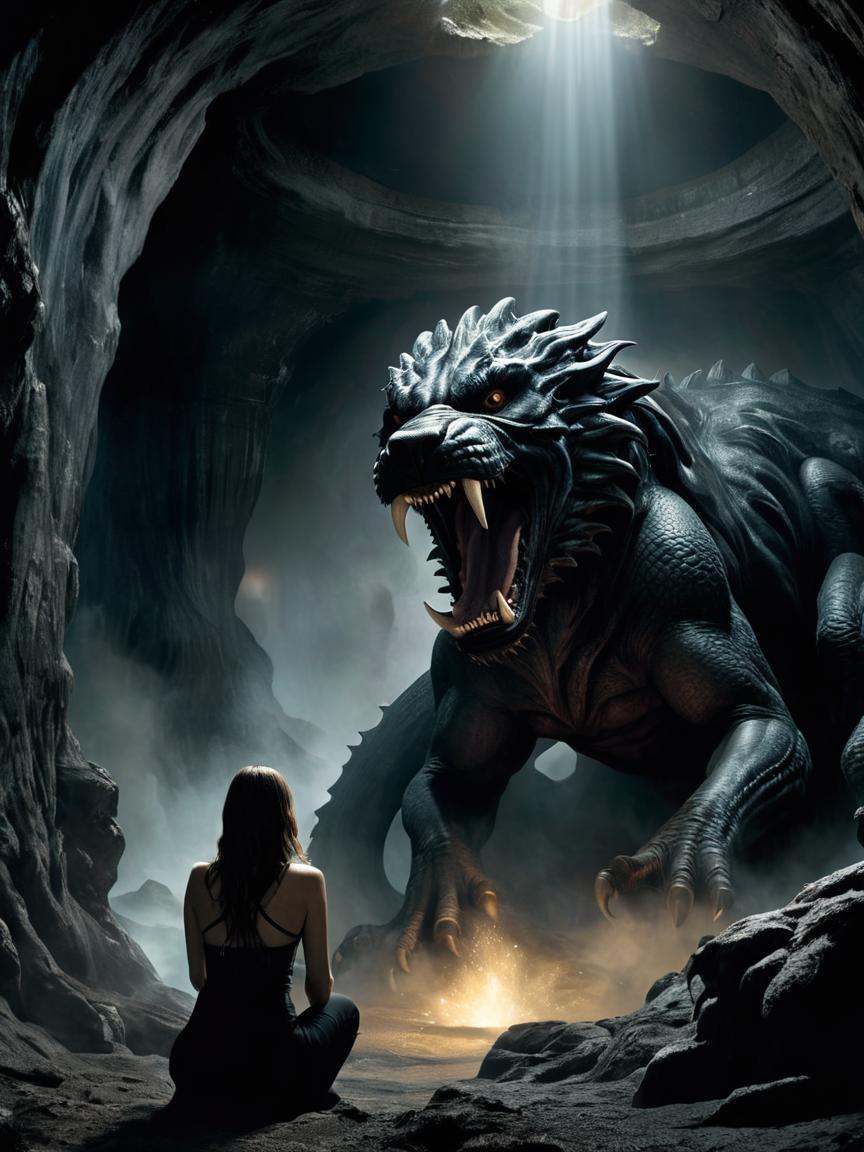 cinematic film still there is a woman standing in a cave with a giant monster,  azathoth,  greg rutkowski and h r giger on...