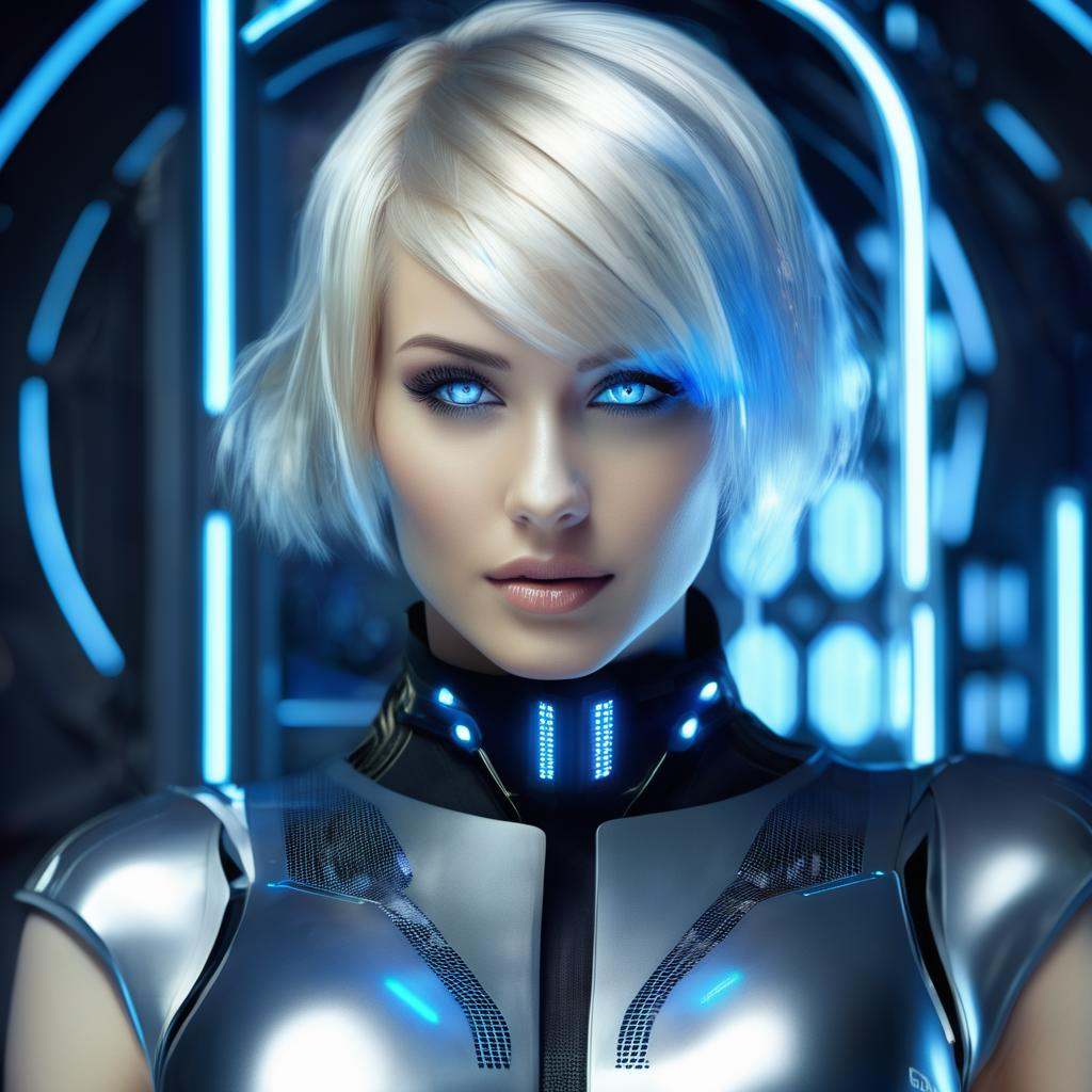 blond woman with futuristic hair and blue eyes in a futuristic room,  cgsociety 9,  portrait of a female android on Tensor...