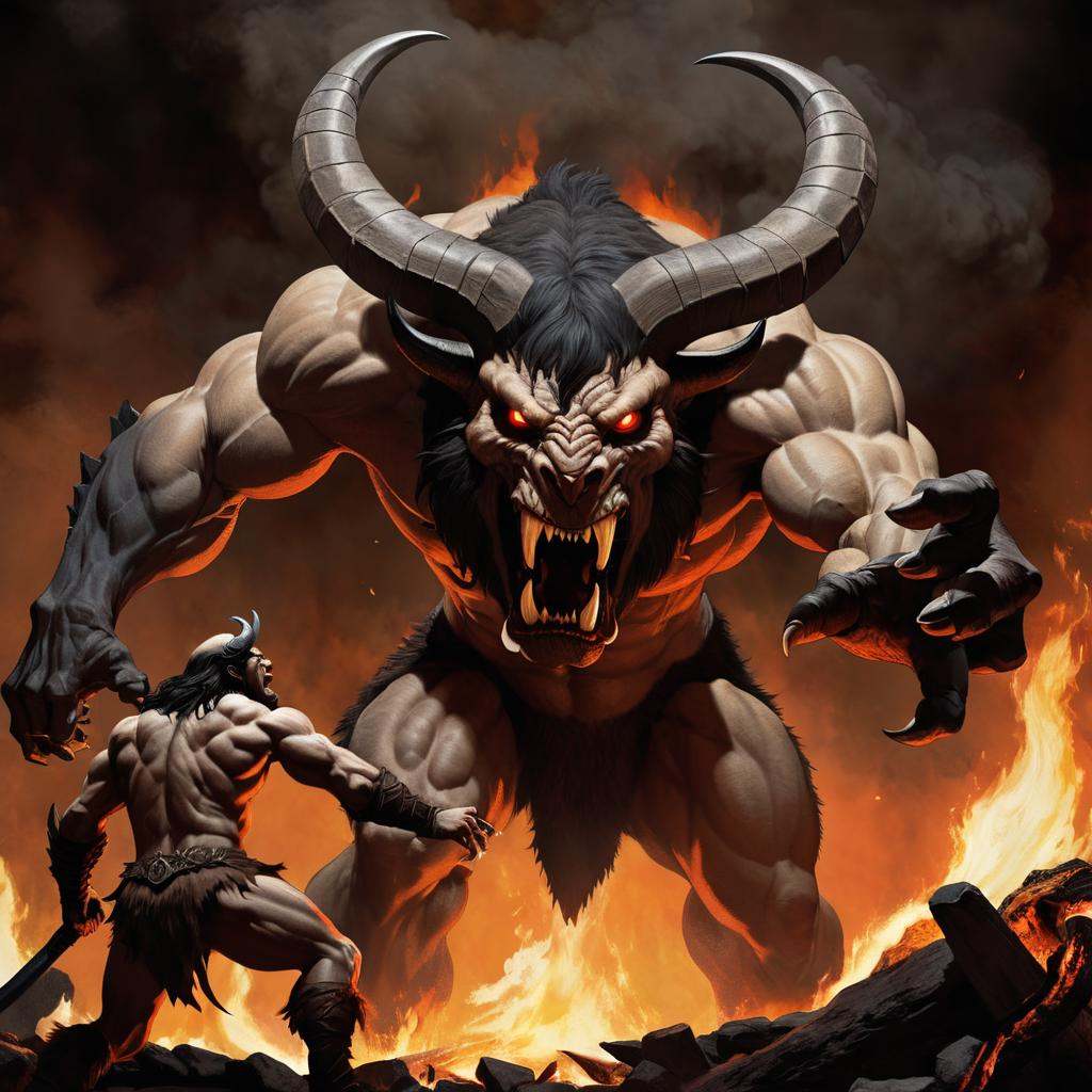 Typographic art demonic looking creature attacking a man in front of a fire,  dark epic fantasy,  frank frazetta8k on Tens...