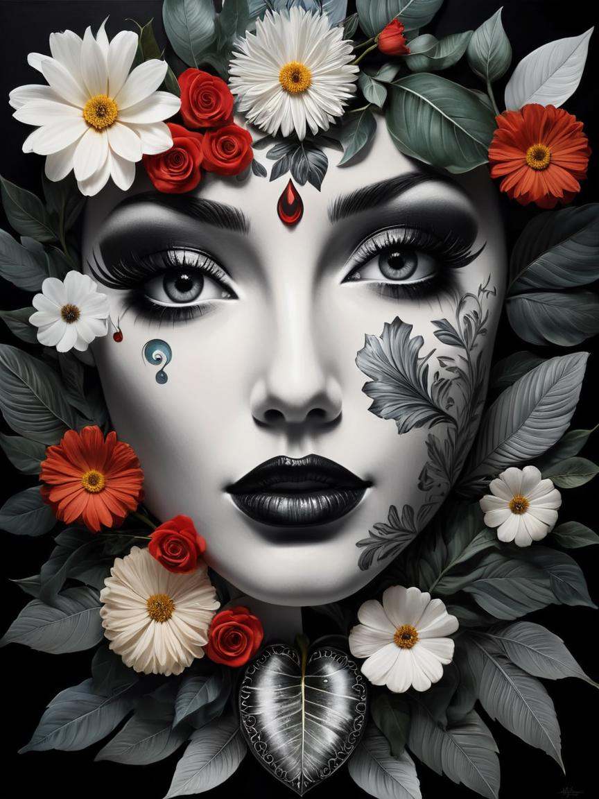 cinematic film still painting of a woman's face with a circle and a half of her face,  stylistic oval black eyes,  inspire...