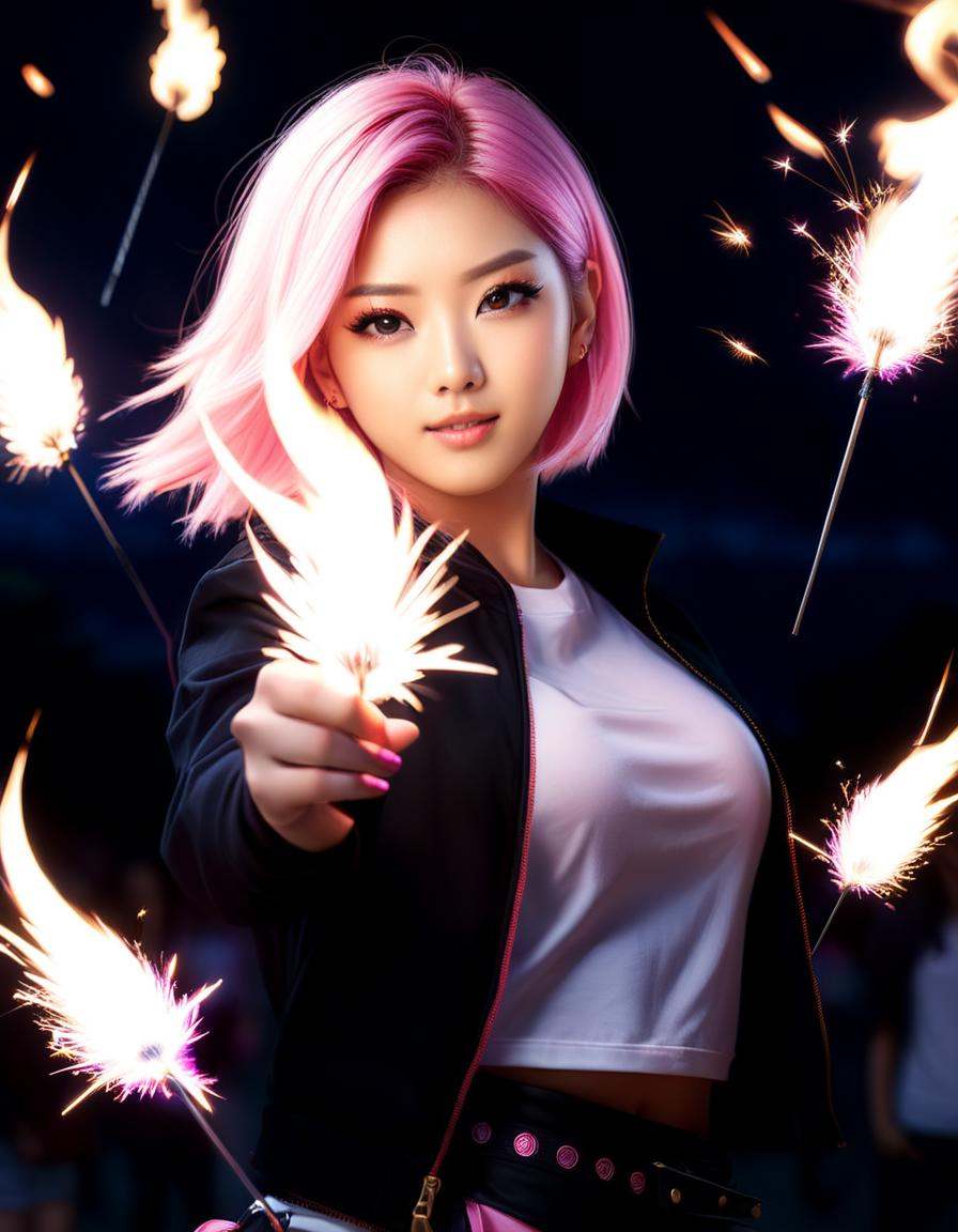 Hyperrealistic art there is a woman with pink hair holding a sparkler,  japanese lightning goddess,  light pink hair with...
