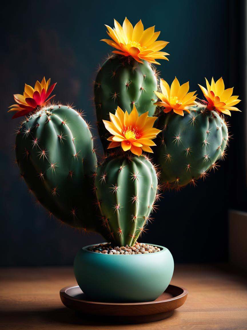 cinematic film still painting of a cactus plant with a vase of flowers in it,  by Maruja Mallo,  cactus and flowers on Ten...