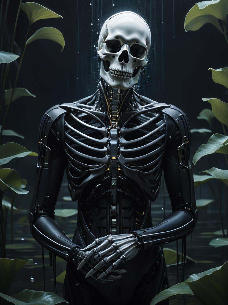 cinematic film still arafed male with a skeleton like body and a hand in his right hand,  detailed portrait of a cyborg,...
