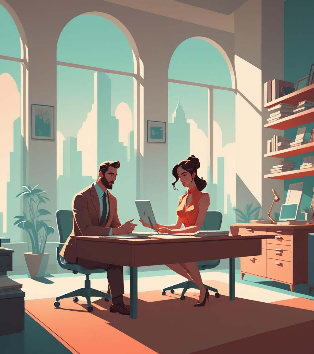 concept art a man and woman sitting at a desk,  in style of atey ghailan,  atey ghailan 8 k on Tensor.Art