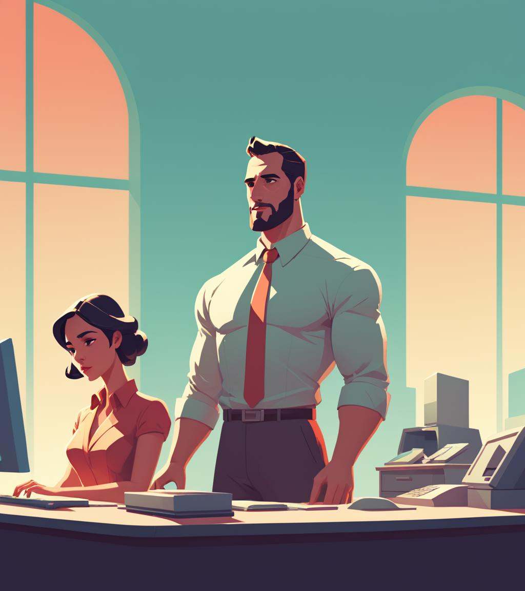 concept art in the style of James Gilleard a man and woman sitting at a desk,  in style of atey ghailan,  detailed 2d illu...