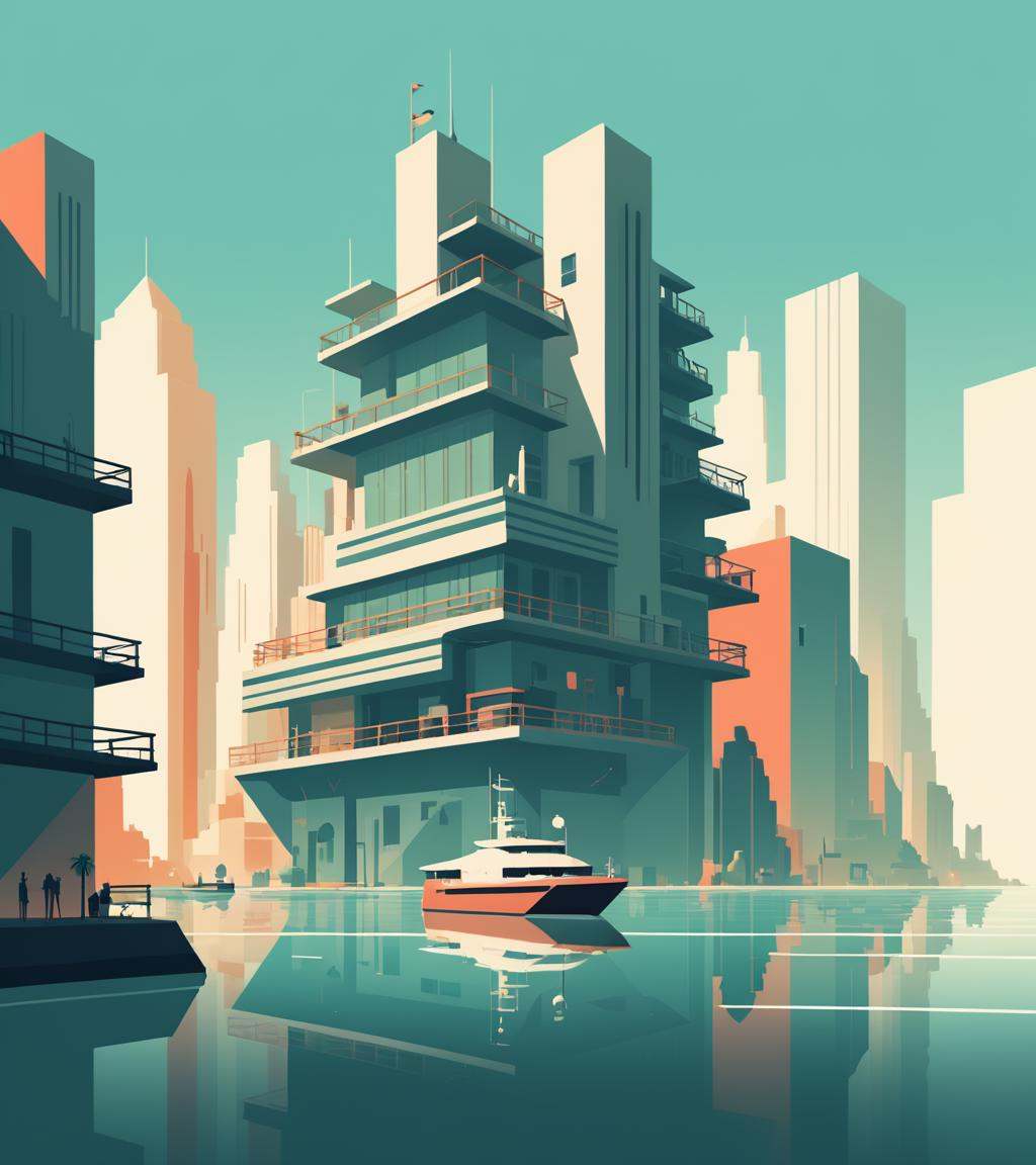 concept art in the style of James Gilleard a city with buildings and a boat on the water,  in style of digital illustratio...