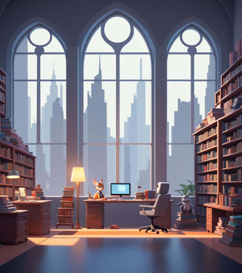 concept art in the style of James Gilleard a room with a desk,  books,  and a window on Tensor.Art