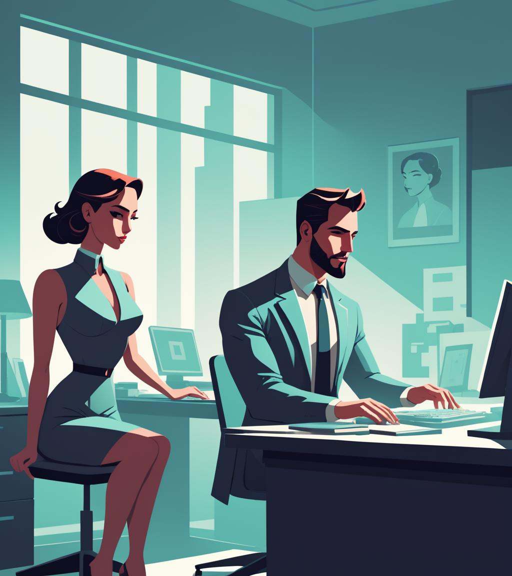 concept art in the style of James Gilleard a man and woman sitting at a desk,  in style of james gilleard,  digital illust...
