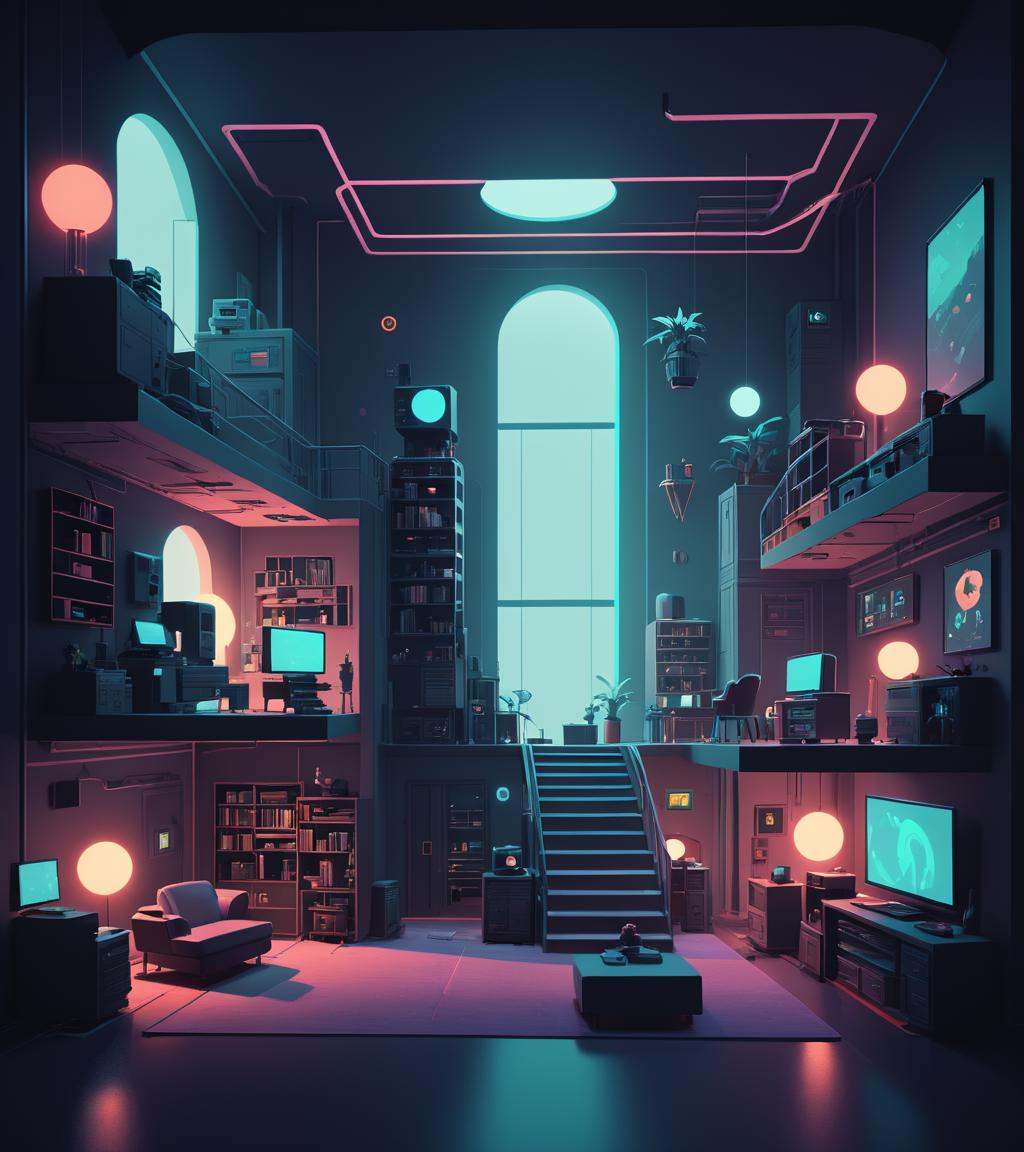 concept art in the style of James Gilleard a room with a lot of furniture and lights,  3 d render beeple,  beeple global i...