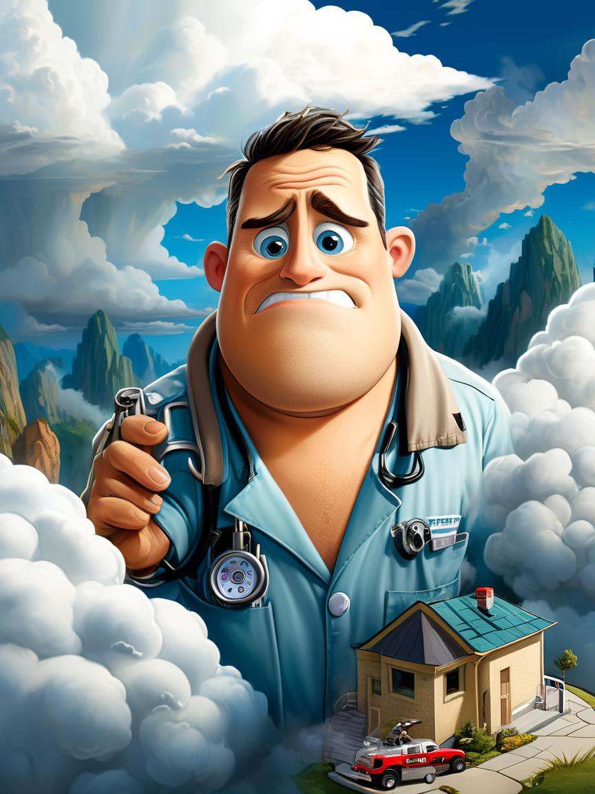 Real estate photography style Cartoon of a Cloudy Roc,  Paramedic,  Fearful on Tensor.Art