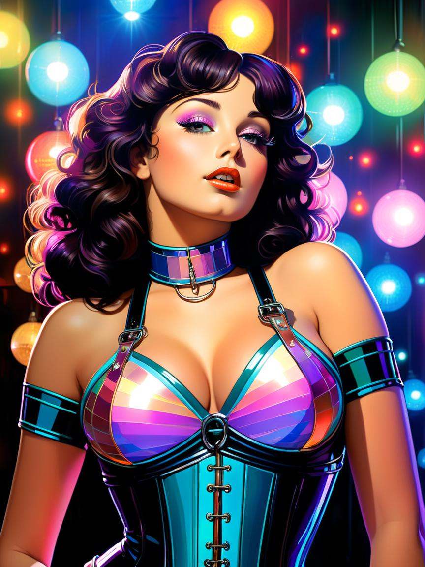 Disco-themed woman in latex bodysuit with corset and metal choker and harness,  ,  art by Dan Mumford on Tensor.Art