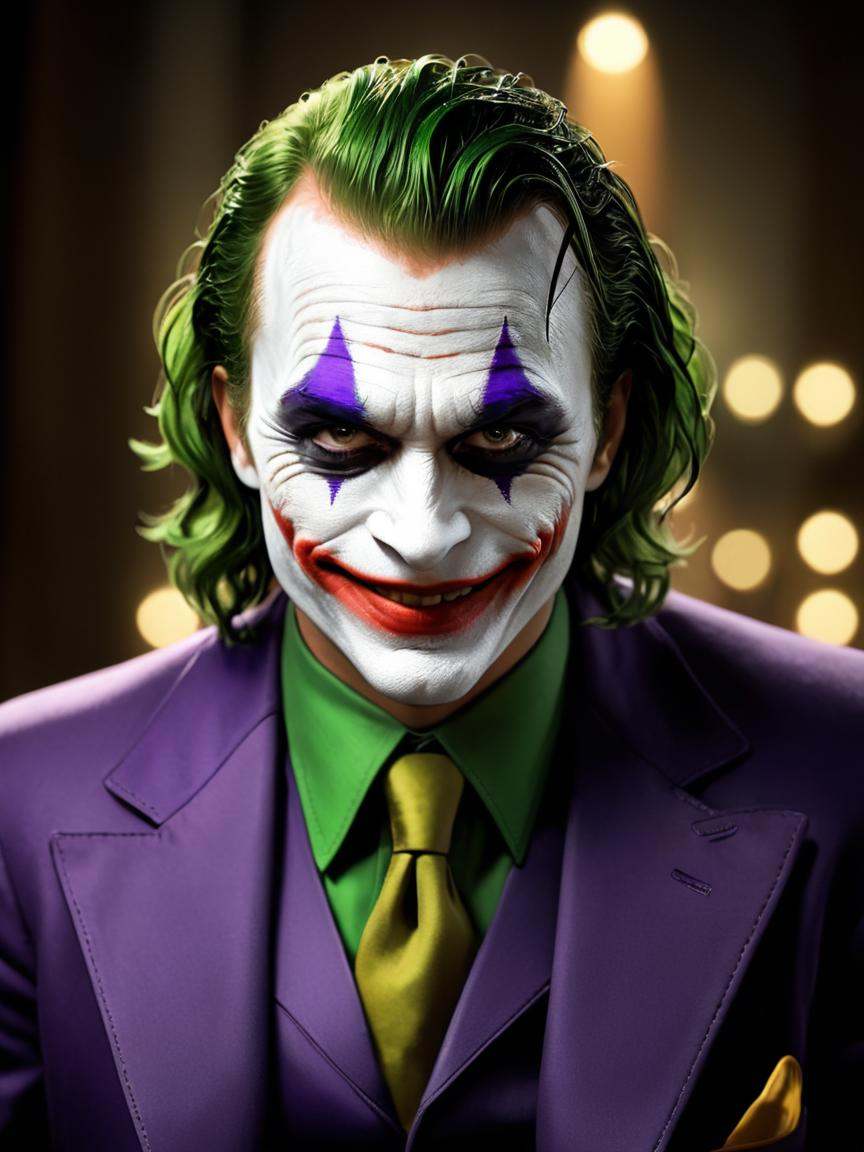 cinematic film still joker in a suit with a green tie and a purple shirt,  remarkable joker make up,  joker smile on Tenso...