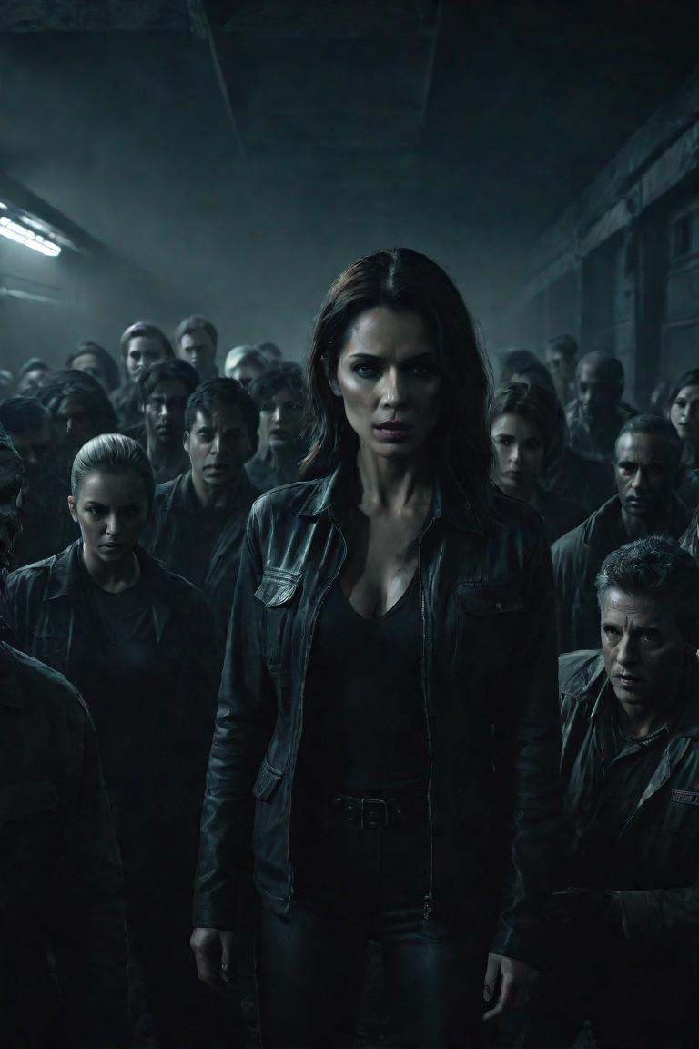 Horror-themed arafed woman surrounded by a group of people in a dark room,  promotional images,  4k press image on Tensor.Art