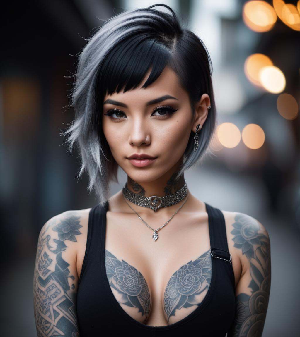 cinematic film still woman with tattoos and piercings posing for a picture,  beautiful female neuromancer,  tattoos and pi...