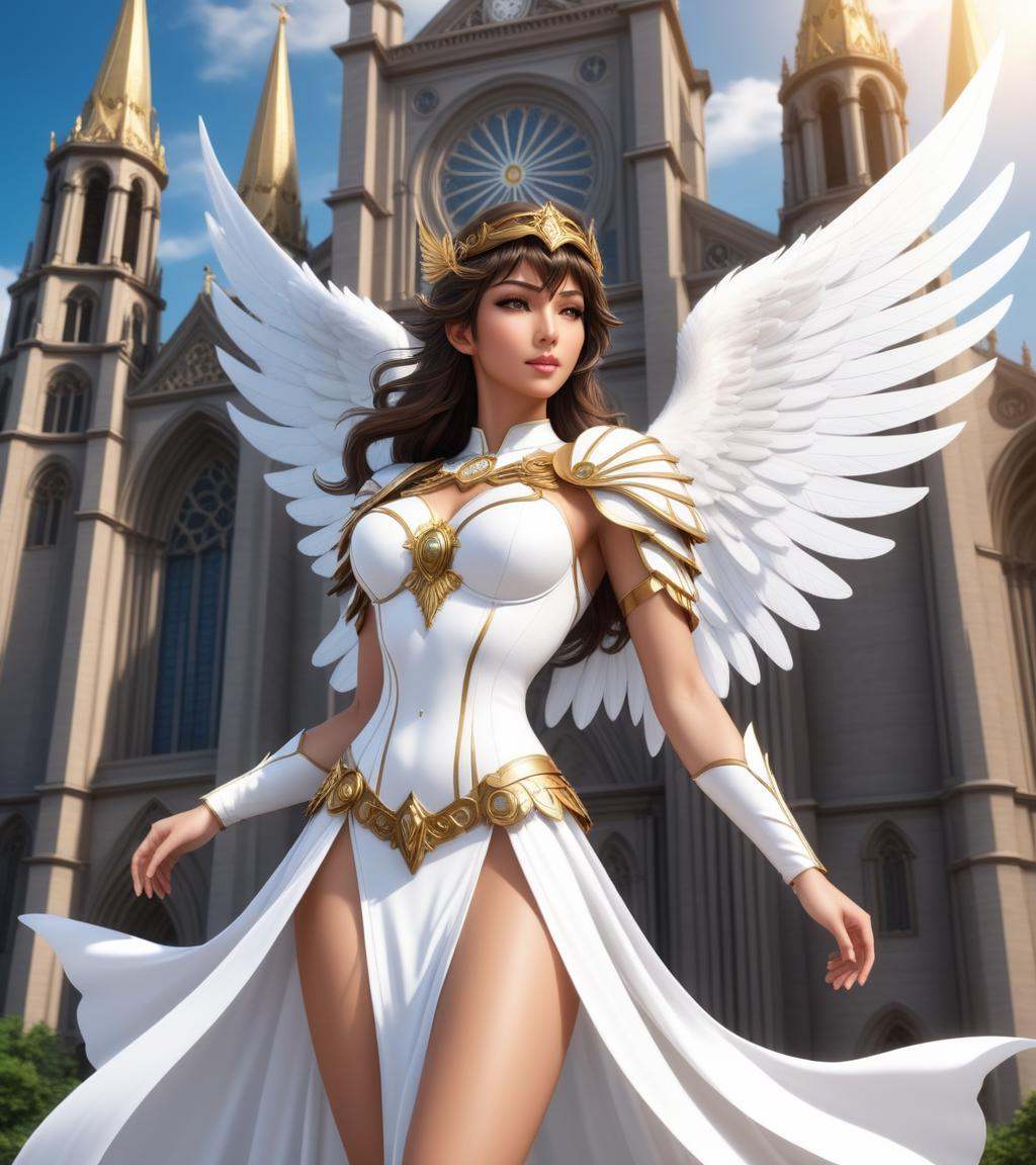 comic arafed woman in a white dress with wings in front of a cathedral,  biblically accurate angel,  unreal engine render...