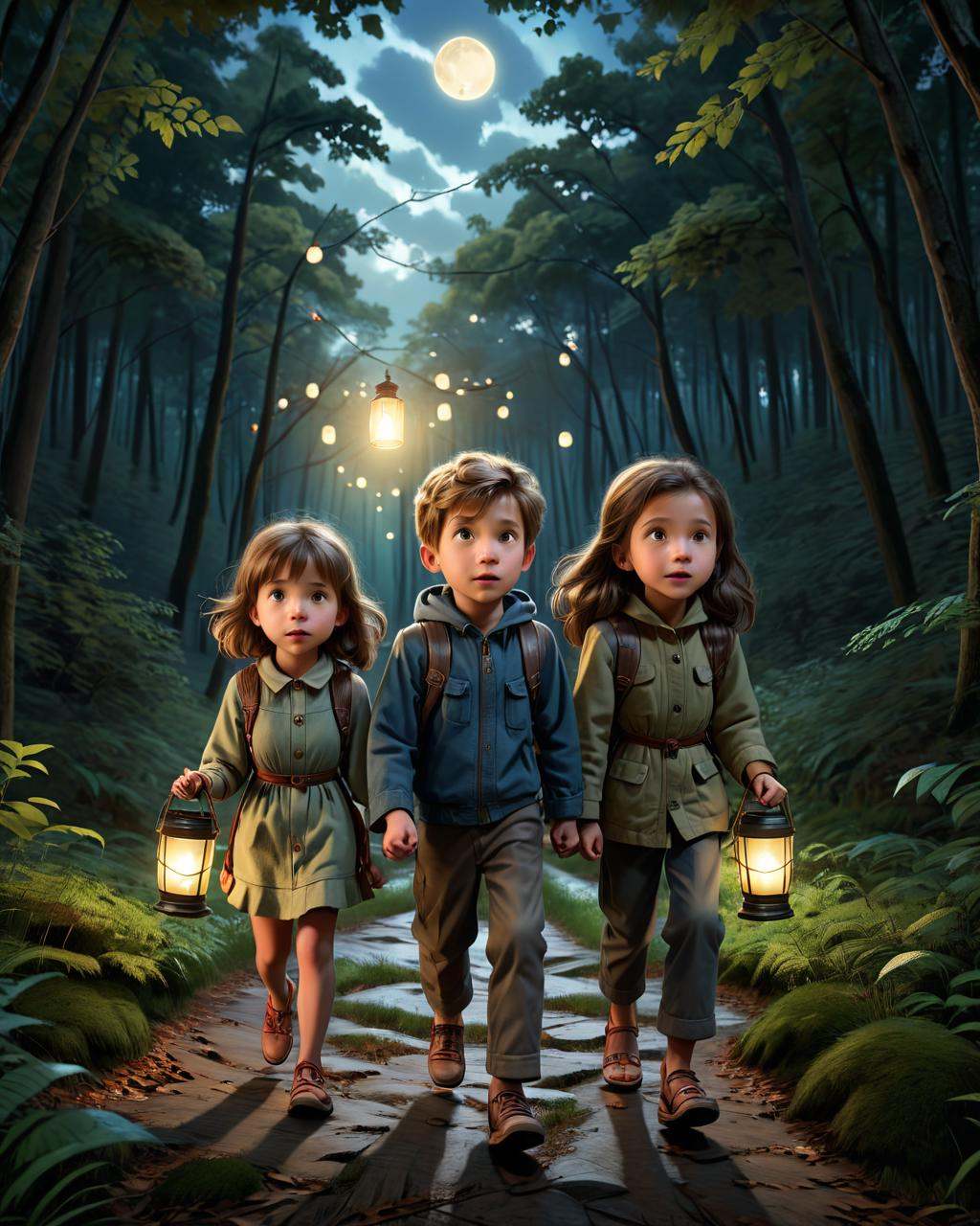 concept art a couple of children walking through the woods with lanterns,  official illustration,  movie promotional image...