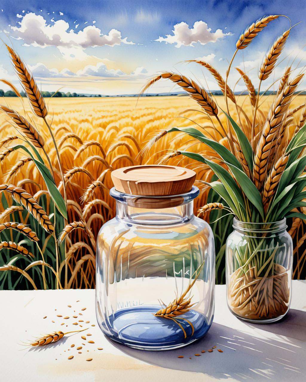 concept art a watercolor illustration of a glass jar with wheat,  full color illustration,  by Yang Borun on Tensor.Art