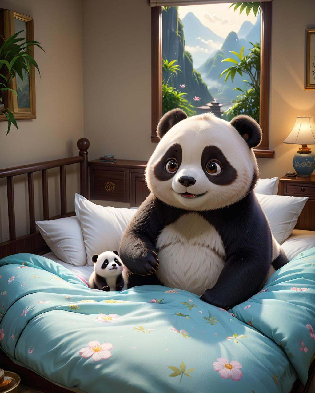 concept art a panda bear and a girl in bed,  adorable digital painting,  by Yu Zhiding on Tensor.Art