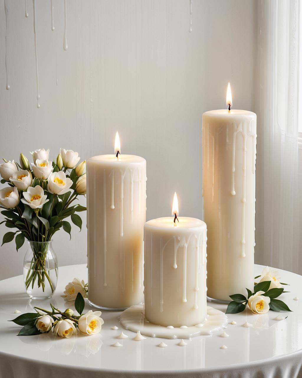concept art white candles on a white table with flowers,  white candles,  candle wax on Tensor.Art