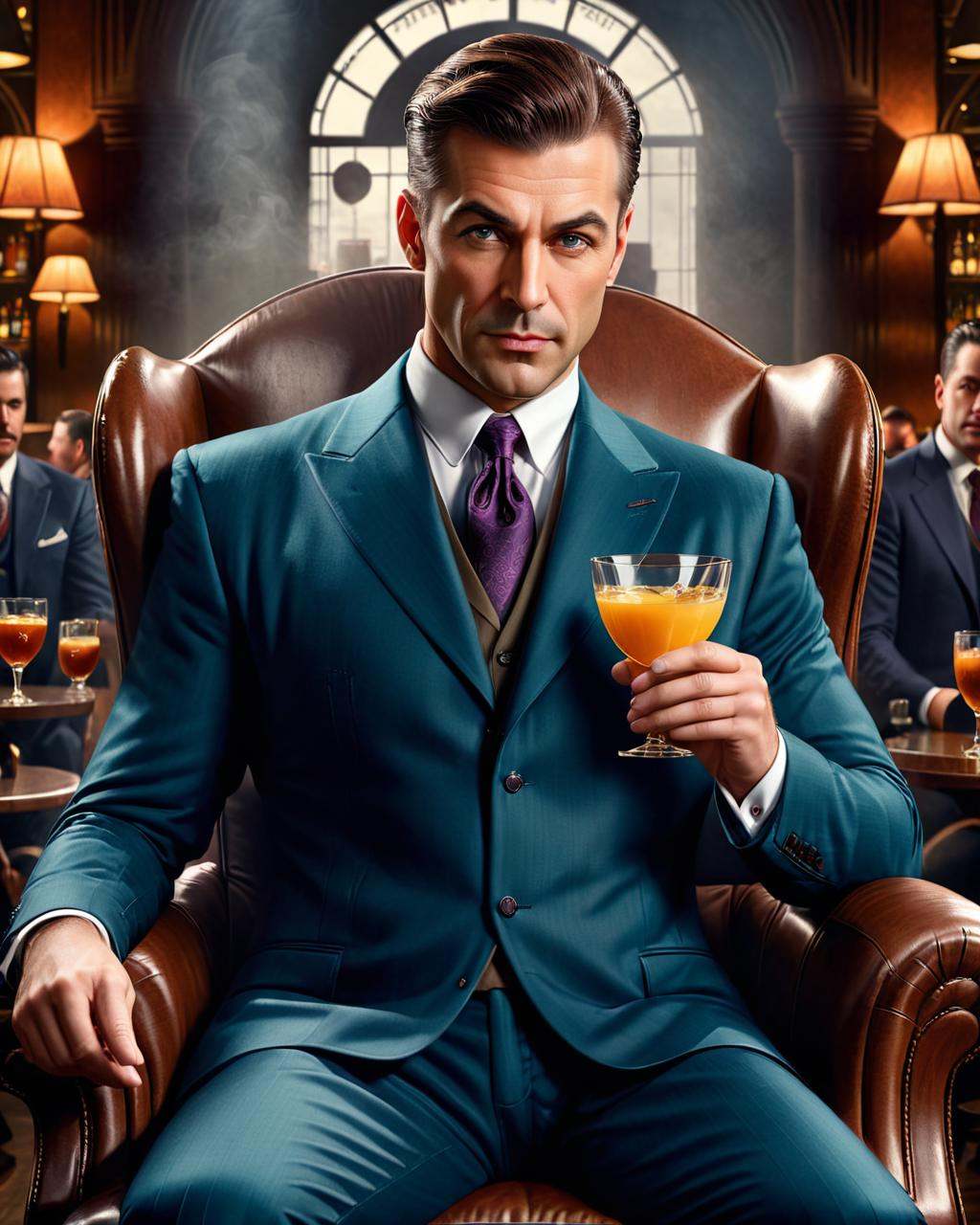 concept art a man in a suit sitting in a chair with a drink,  epic and classy portrait,  inspired by Max Magnus Norman on...