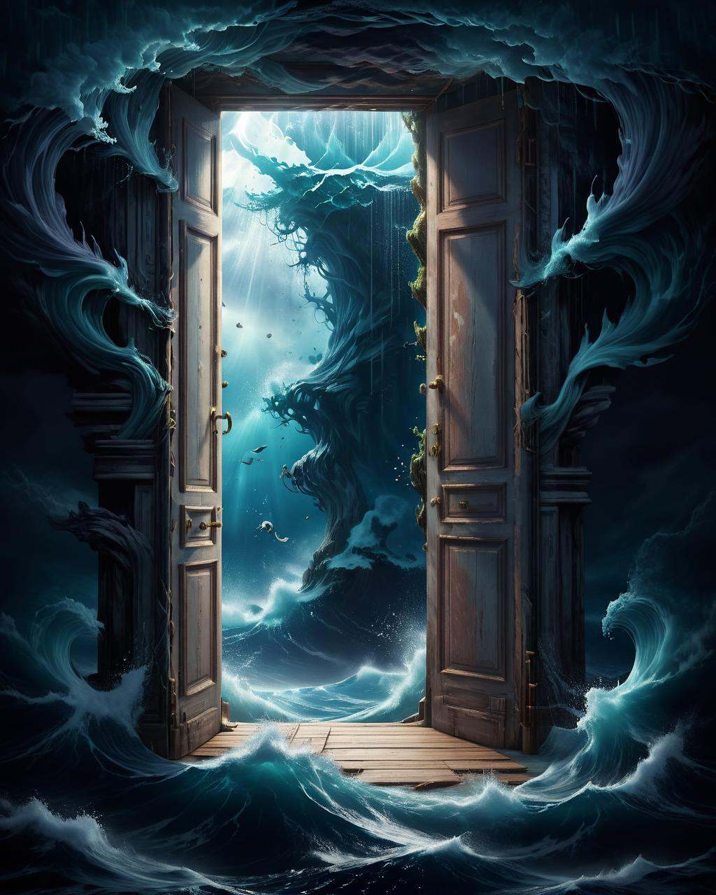 concept art an open door in the ocean with a person standing inside,  surreal concept art,  fantasy and cosmic horror movi...
