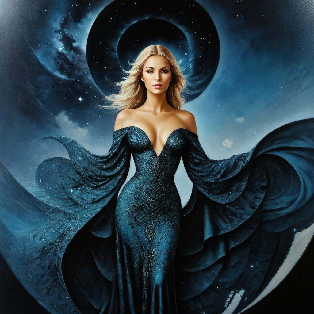 Surrealist art in style of karol bak,  painting of,  A karol bak art soaring in outer space between the Dark matter on Ten...