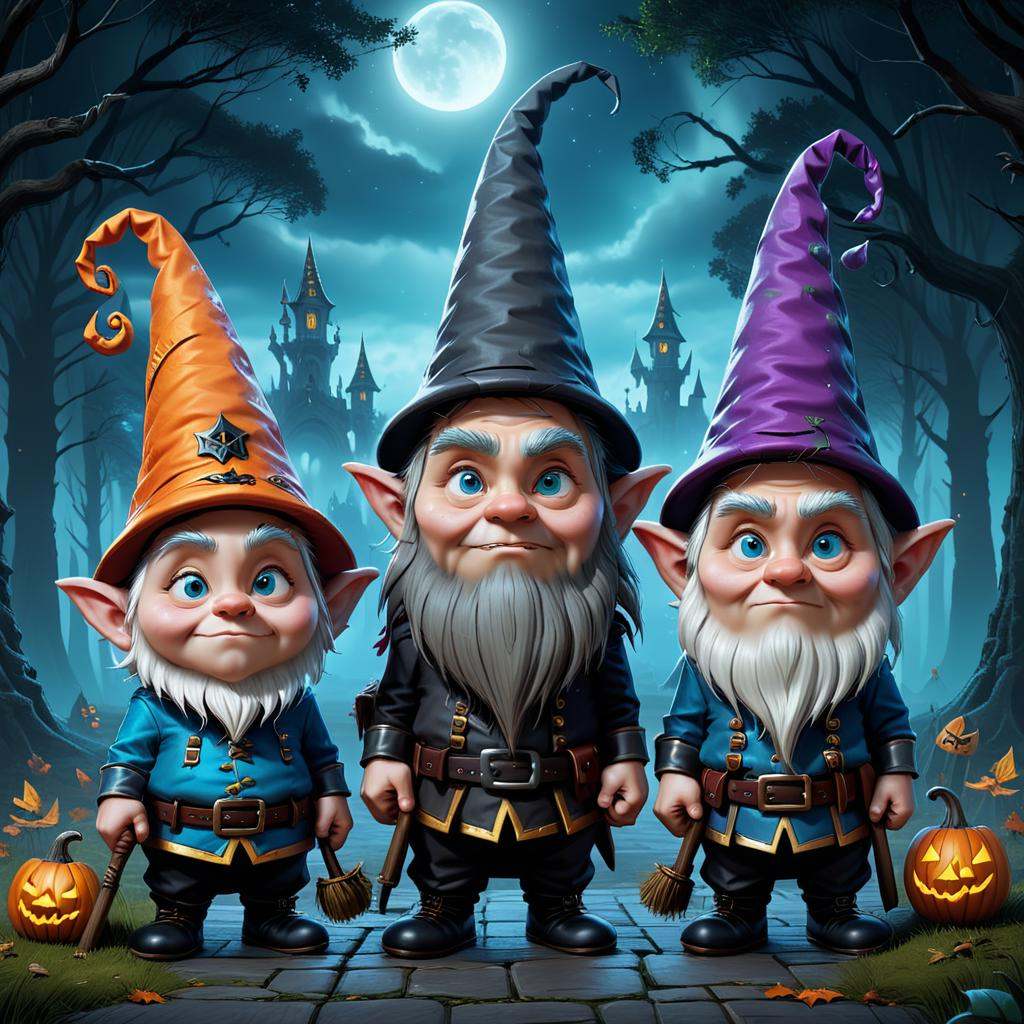 concept art three gnomes in a halloween costume,  three dwarf brothers,  adorable digital painting on Tensor.Art