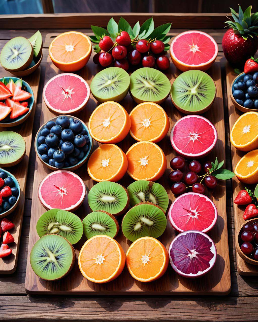 Dreamscape a tray of fruit on a wooden board,  colored fruit stand,  plates of fruit on Tensor.Art