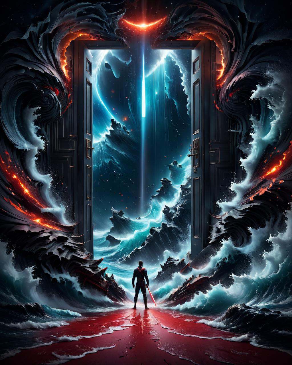 concept art an open door in the ocean with a person standing inside,  surreal concept art,  fantasy and cosmic horror movi...