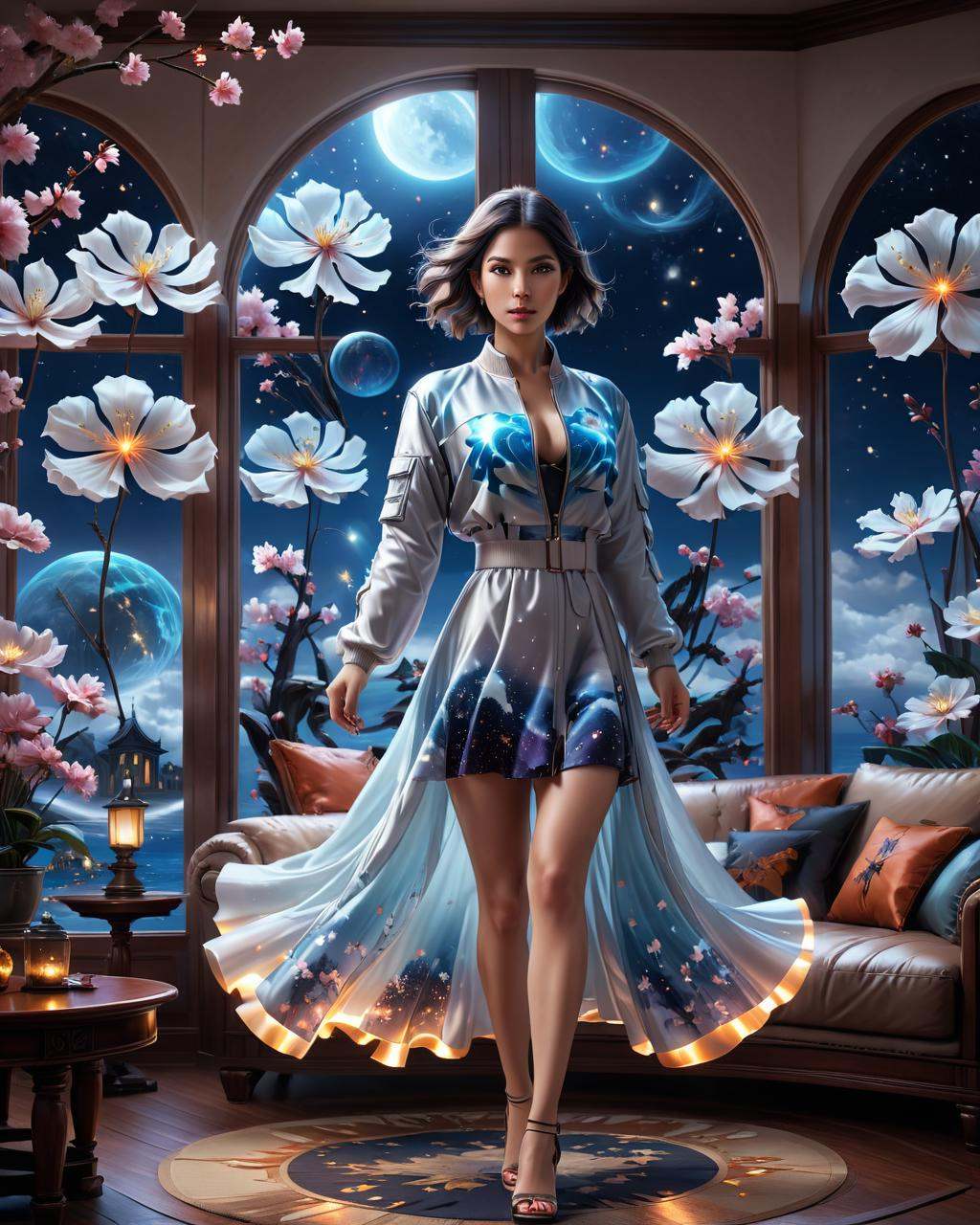 concept art colorized photon,  halloween wallpaper with ghosts,  lady with glowing flowers dress on Tensor.Art