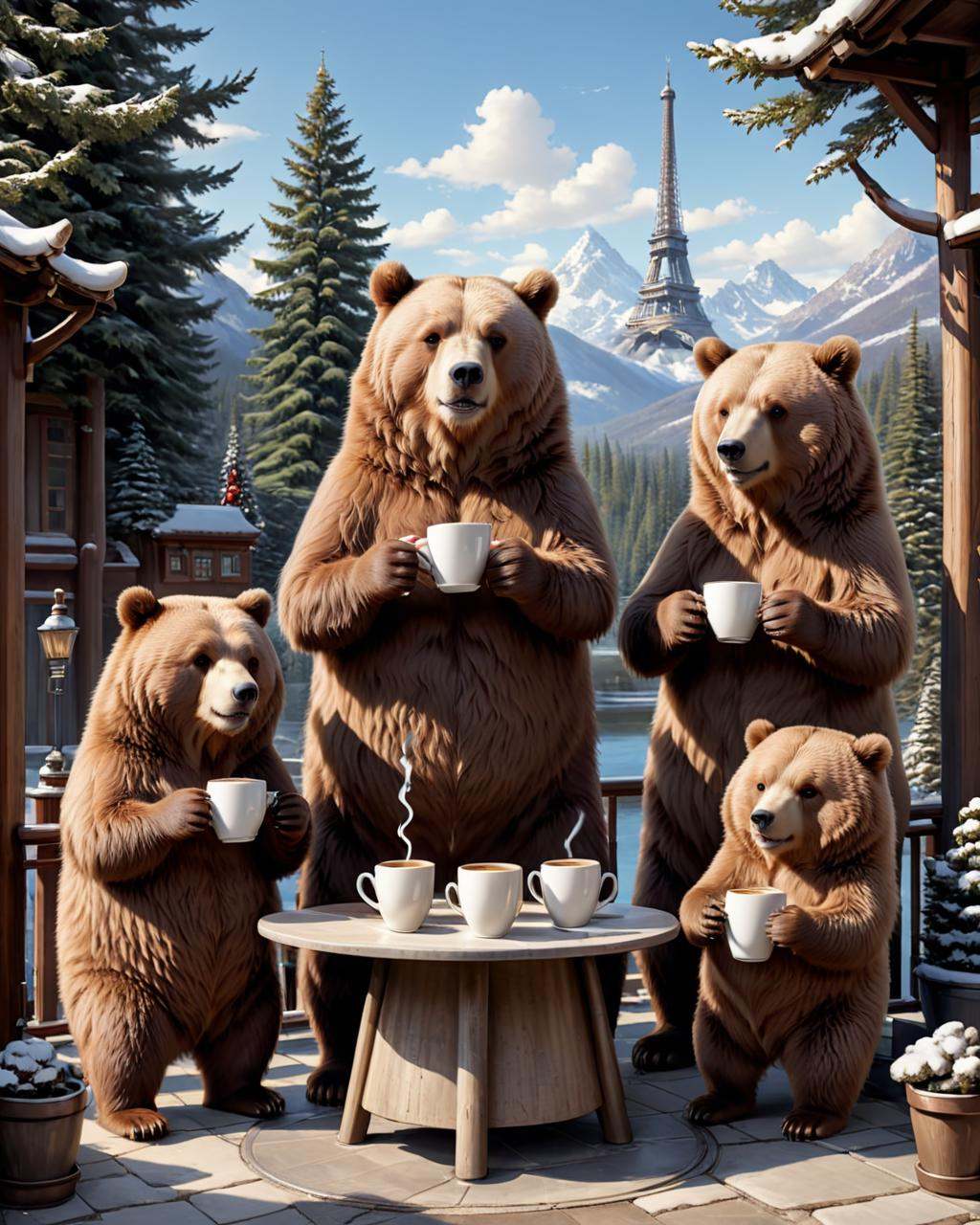 concept art a set of cartoon bears drinking coffee,  four humanoid bears,  bears on Tensor.Art