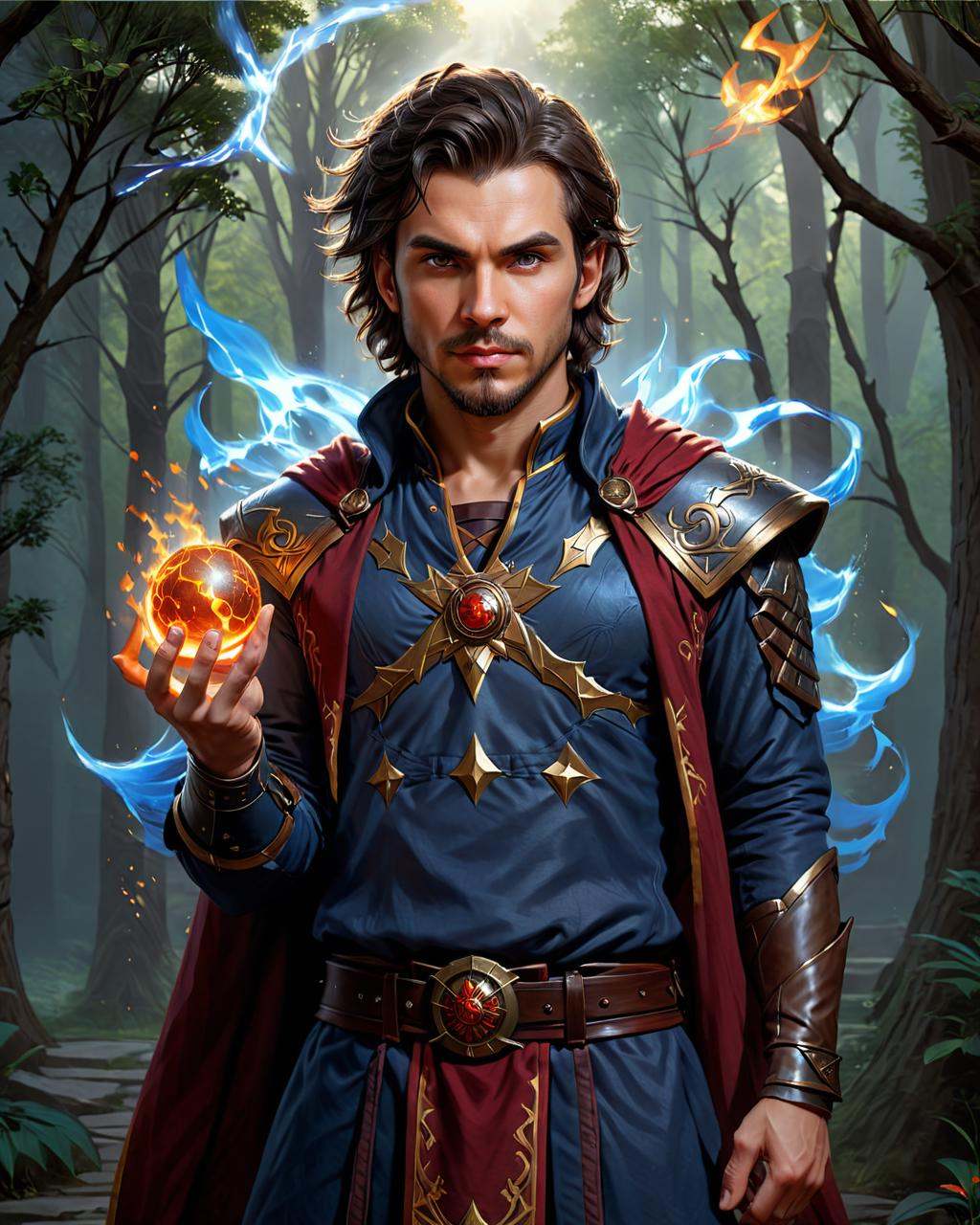 Hyperrealistic art a man holding a fireball in his hand,  portrait of a mage,  dnd character art portrait on Tensor.Art