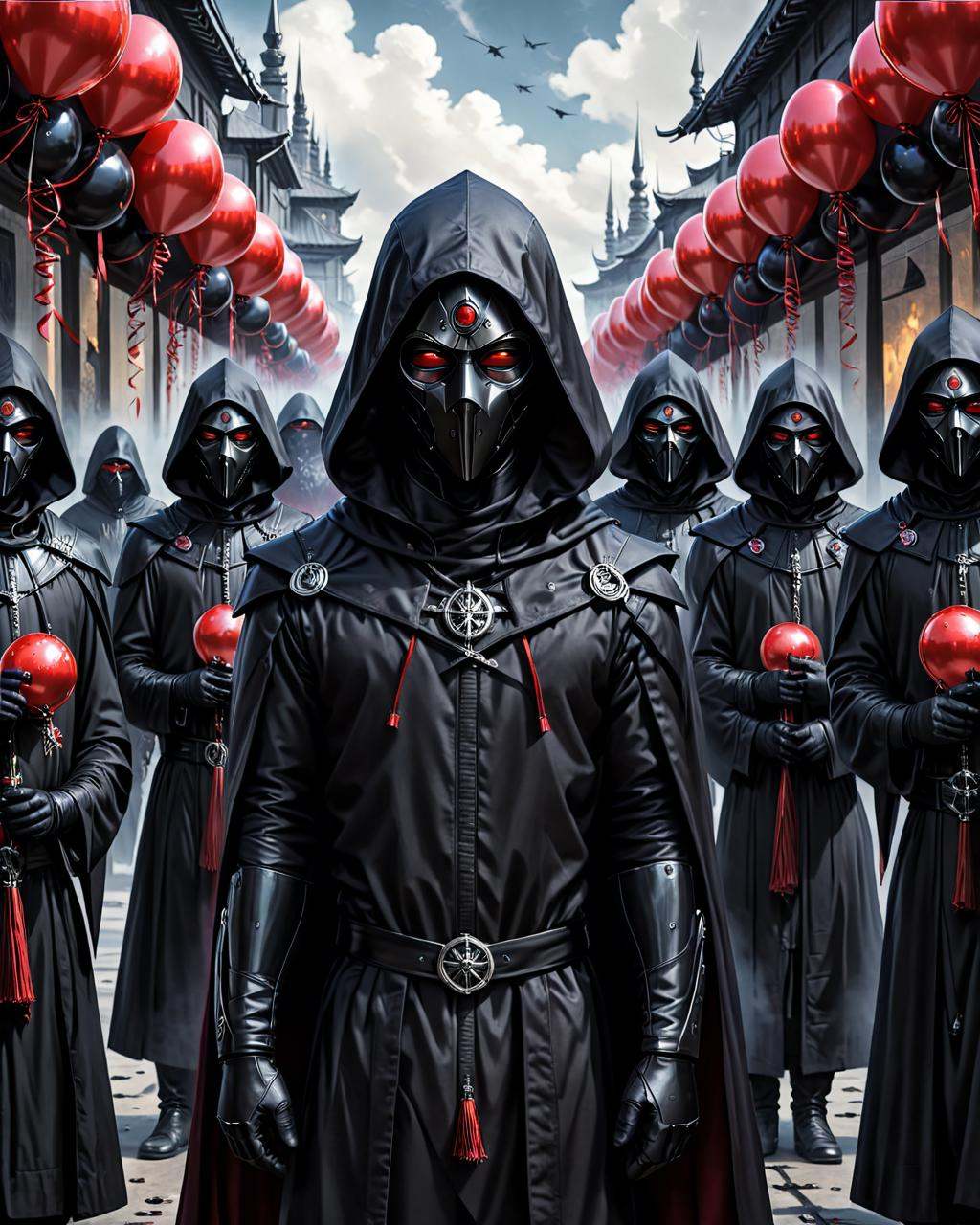 concept art a group of people in black hoods and red balloons,  dan mumford tom bagshaw,  black robes on Tensor.Art
