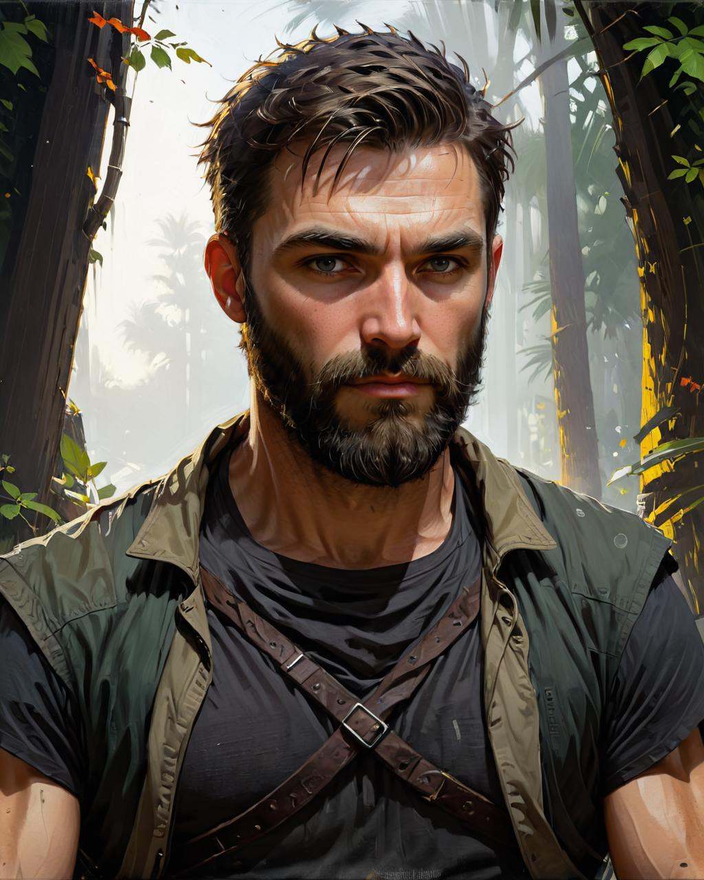 concept art a painting of a man with a beard,  james gurney painting style,  craig mullins dappled lighting on Tensor.Art