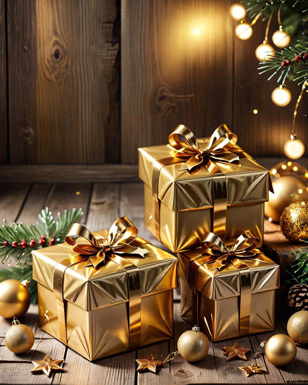 concept art two gold gift boxes on a wooden table,  gifts,  presents on Tensor.Art