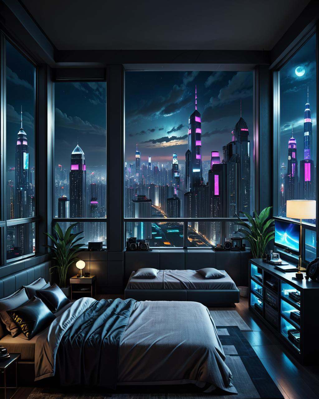 concept art a bedroom with a view of the city,  cyberpunk bedroom at night,  dark bedroom on Tensor.Art