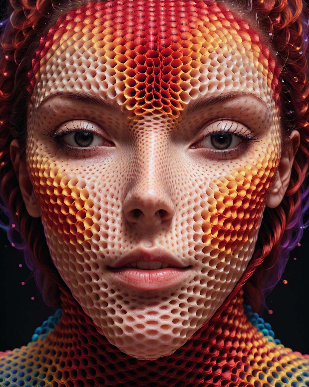 concept art a woman's face is made of colorful circles,  red mesh in the facede,  digital sculpture on Tensor.Art
