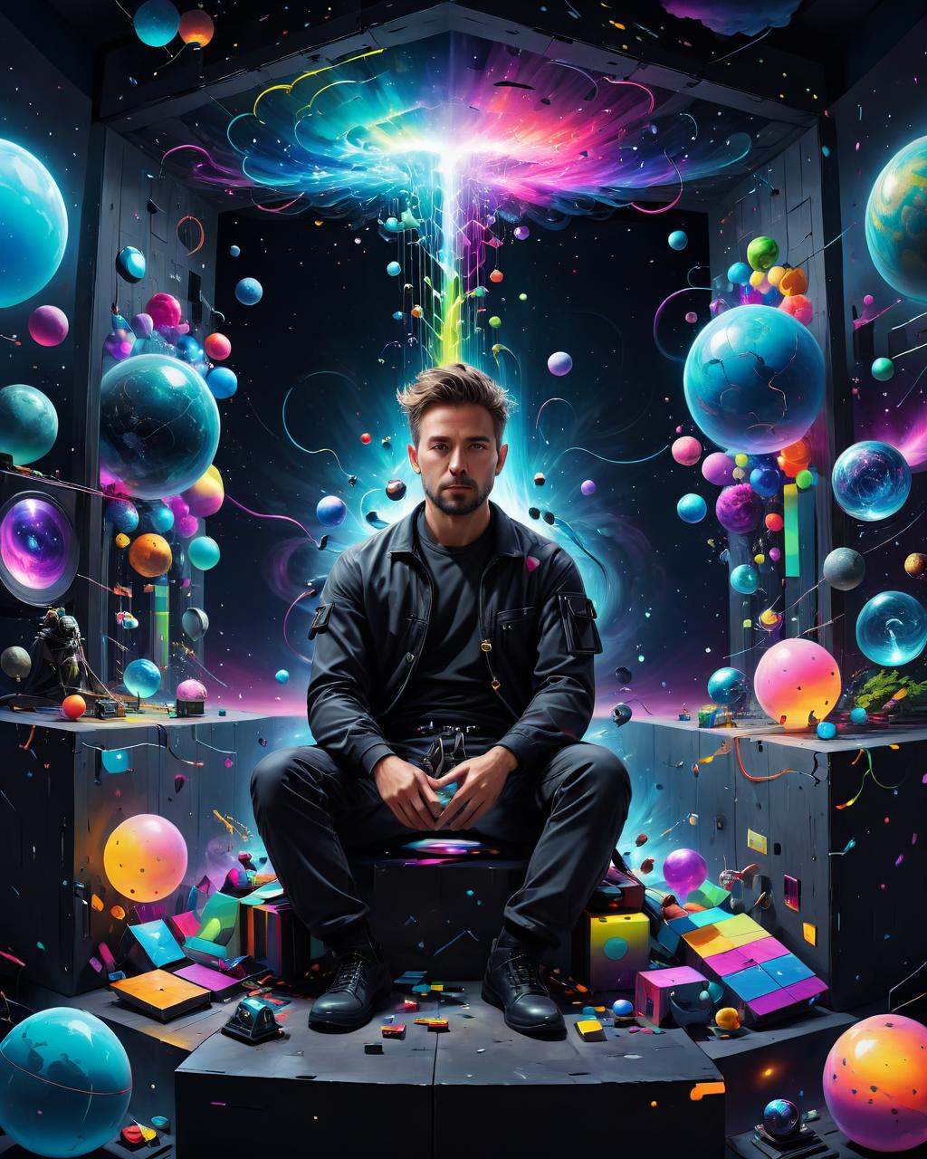 concept art a man sitting in a cube with a lot of colorful objects,  surreal 3 d render,  surreal digital art on Tensor.Art