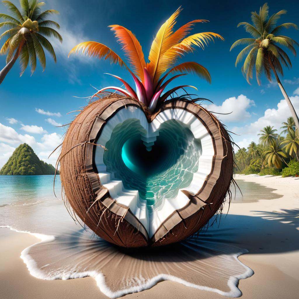 Surrealist art of arafed coconut radio on a sandy beach with palm trees,  radio,  hi-res photo on Tensor.Art