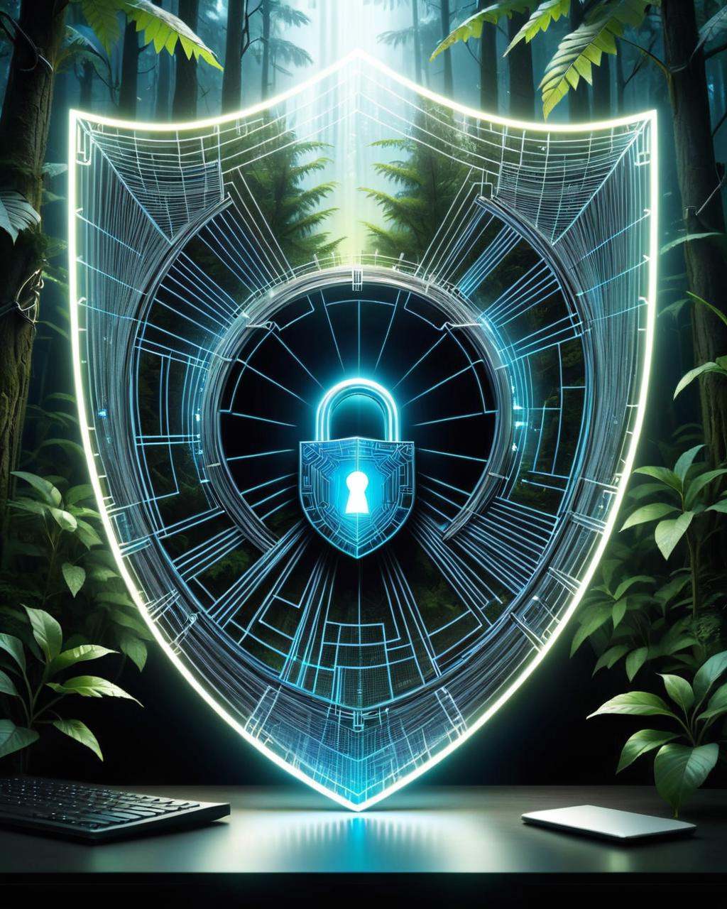 Surrealist art of a shield with a lock in the middle of a computer screen,  cyber security polygon,  cyber background on T...
