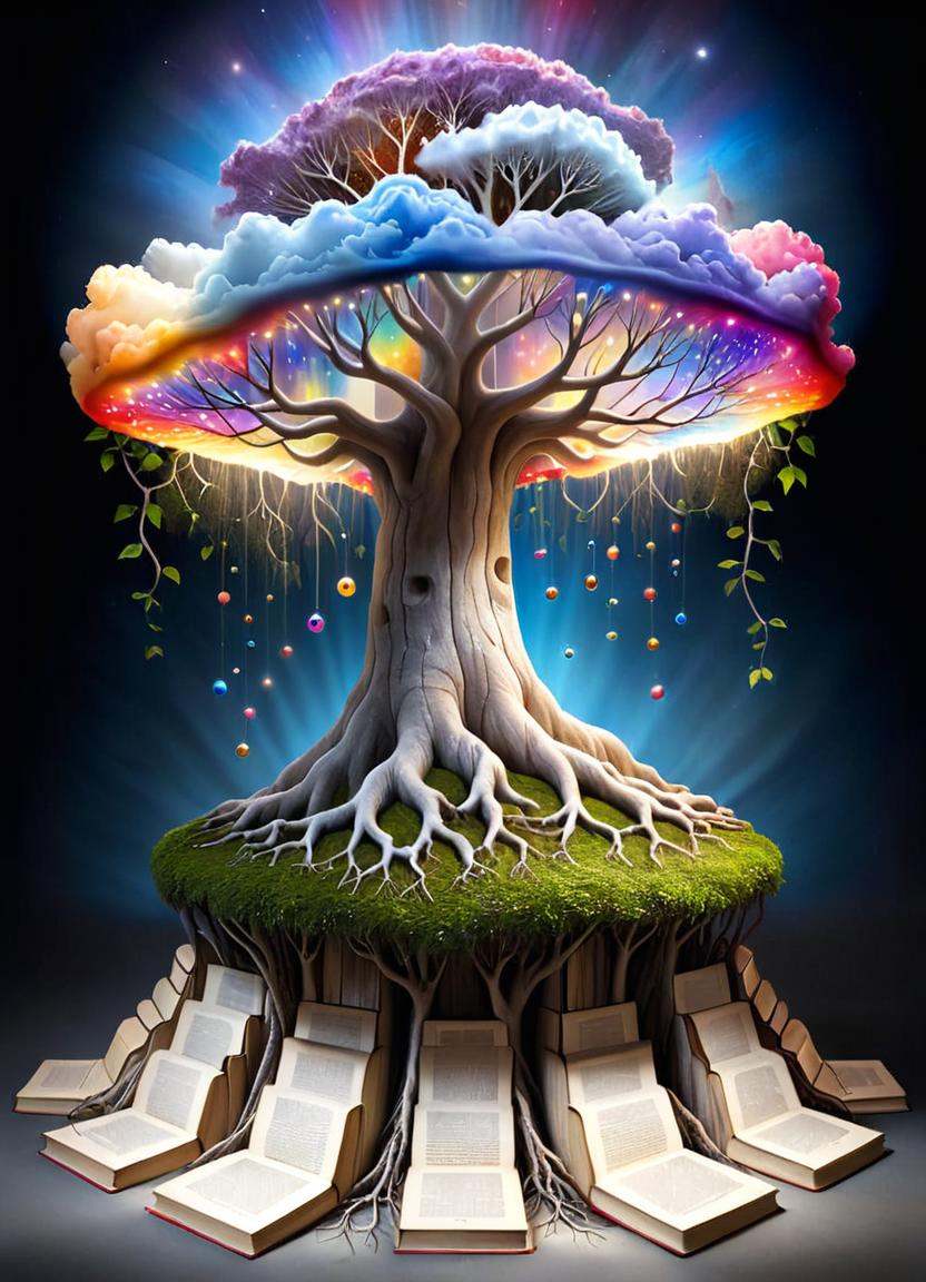 Surrealist art of a stack of books sitting on top of each other,  the art of books,  books cave on Tensor.Art