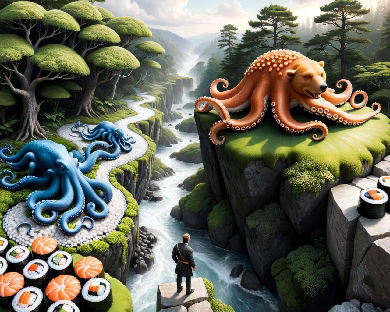 Surrealist art of a man is standing on a rock path with a bear on it,  epic surrealism 8k oil painting,  realistic fantasy...