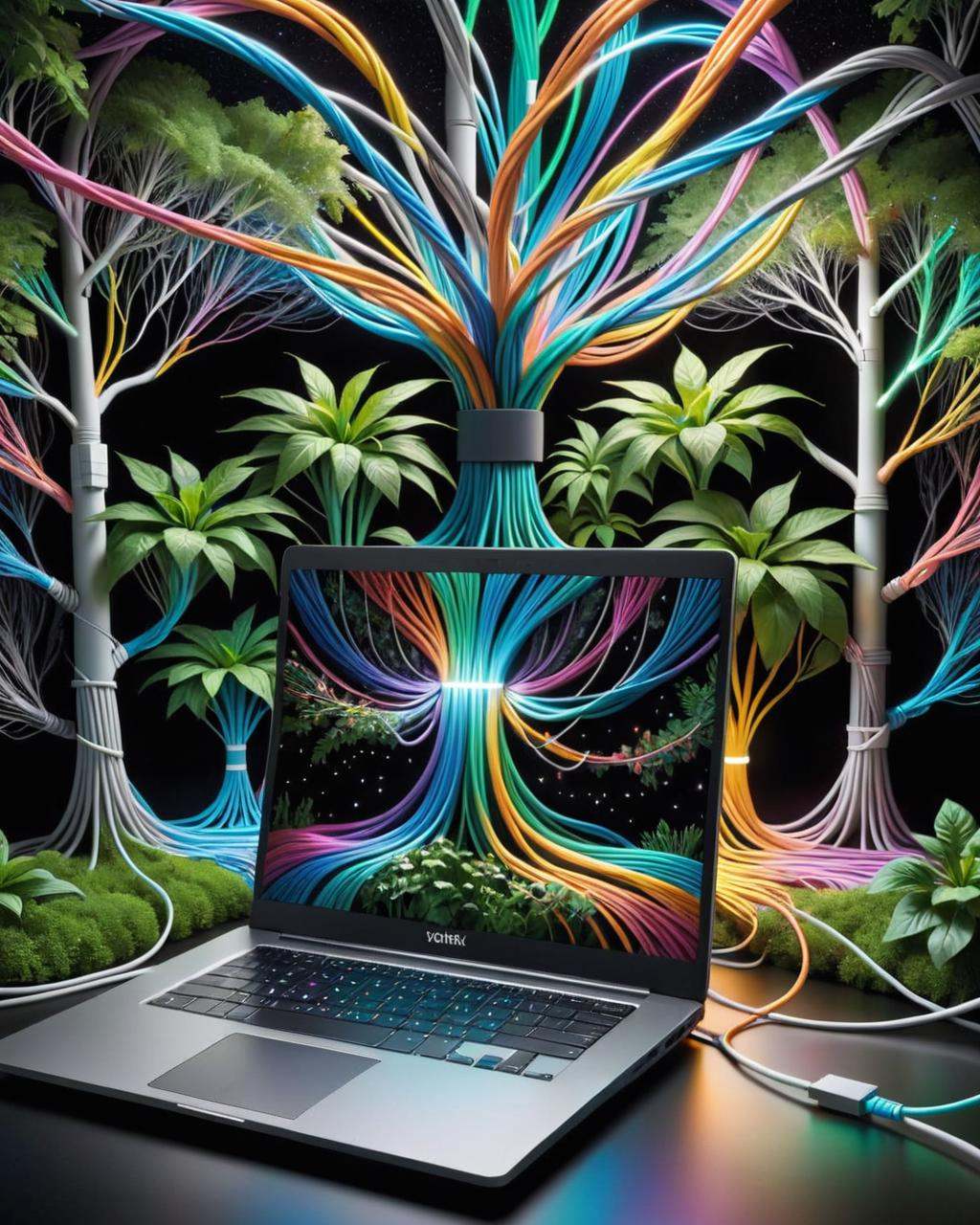 Surrealist art of a laptop with a colorful network of cables,  with hundreds of network cables,  technology and nature in...