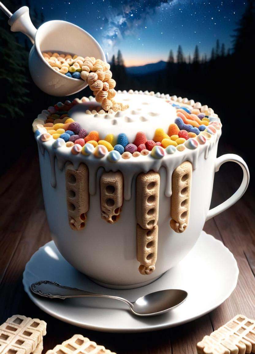 Surrealist art of a bowl of cereal with mountains in the background,  mountains of ice cream,  boiling imagination in a bo...