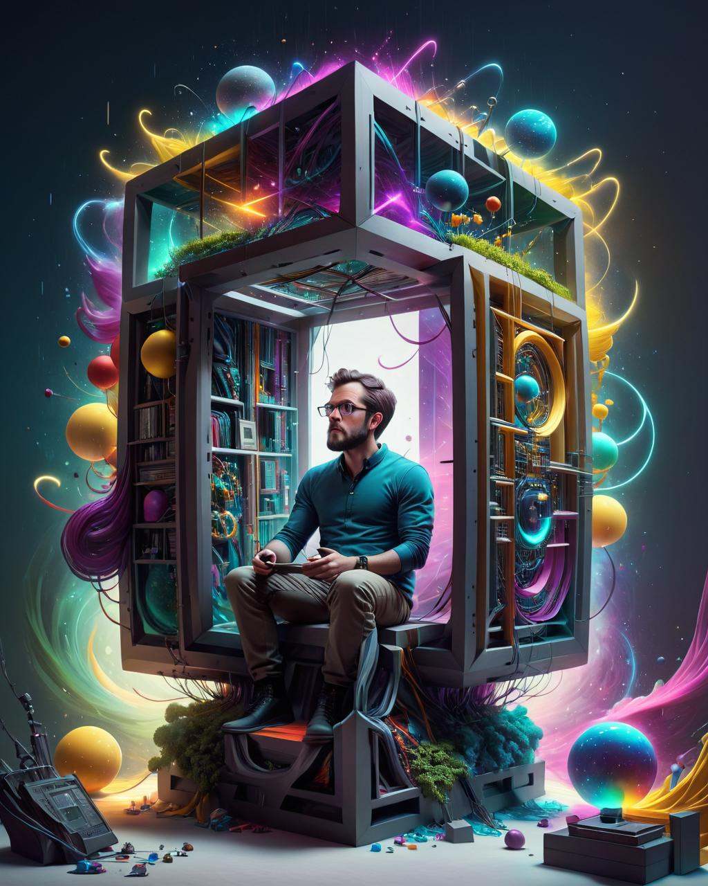 concept art a man sitting in a cube with a lot of colorful objects,  surreal 3 d render,  surreal digital art on Tensor.Art