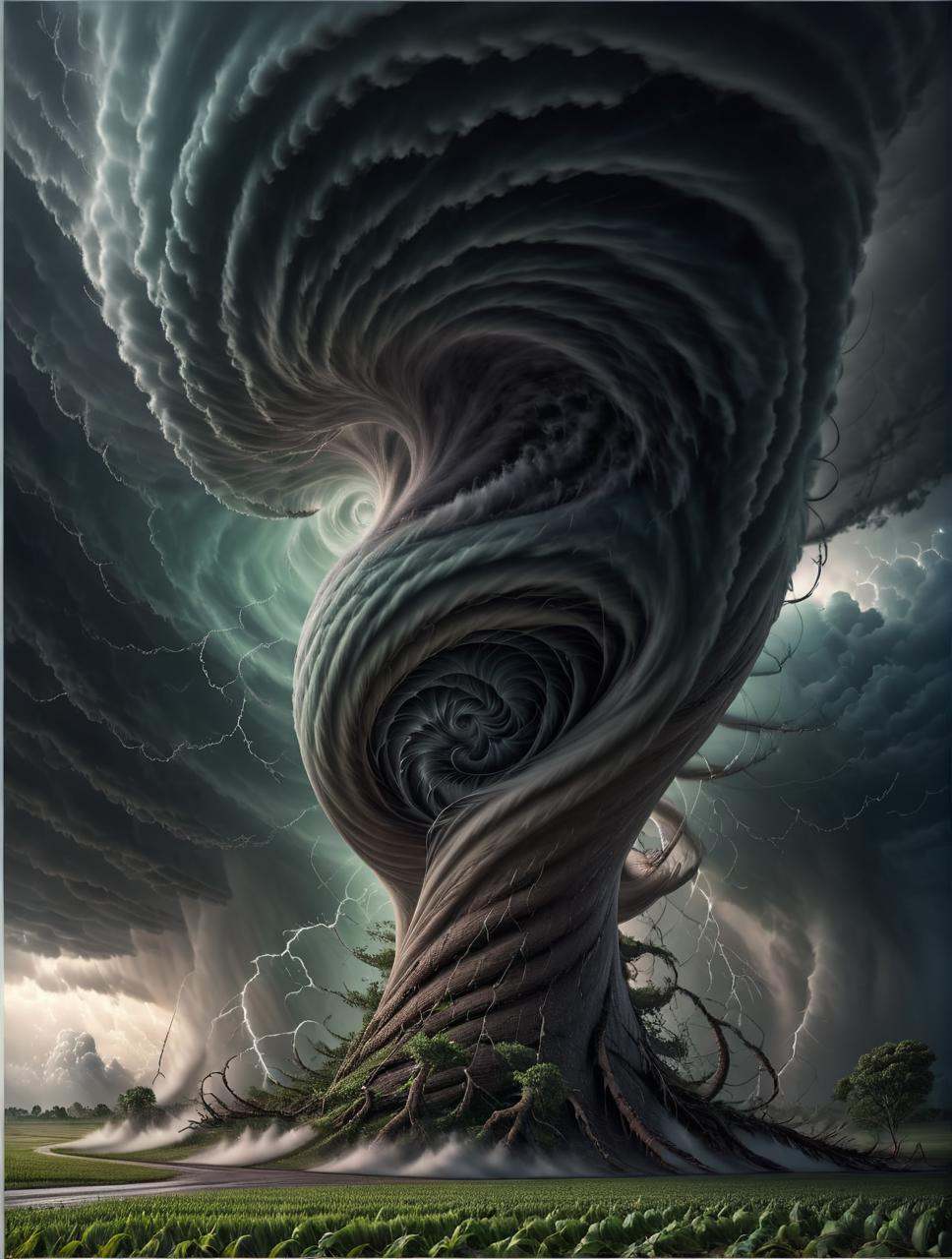 Hyperrealistic art a stormy sky with a large cloud in the background,  thick swirling tornado,  4k highly detailed digital...