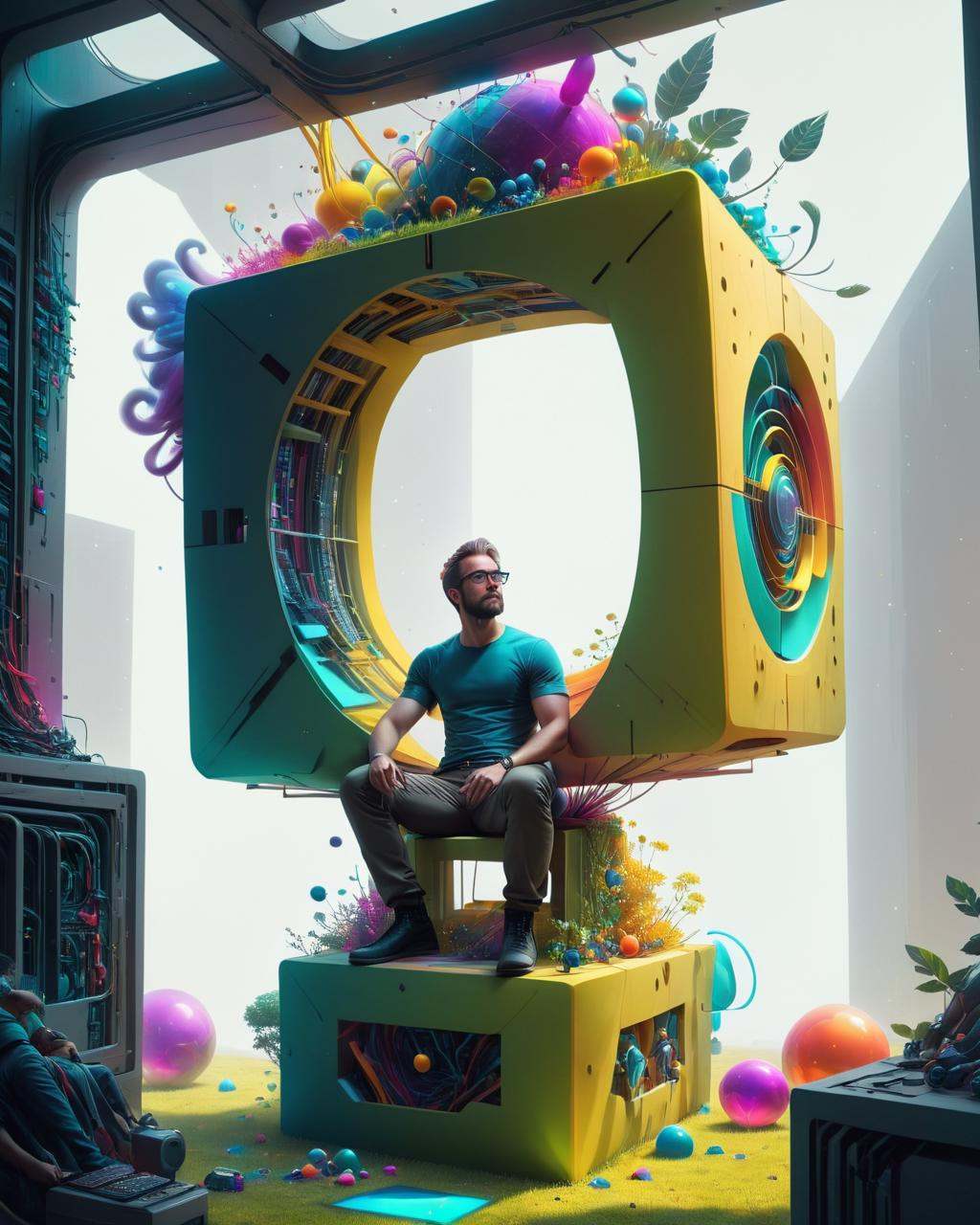 concept art a man sitting in a cube with a lot of colorful objects,  surreal 3 d render,  surreal digital art on Tensor.Art